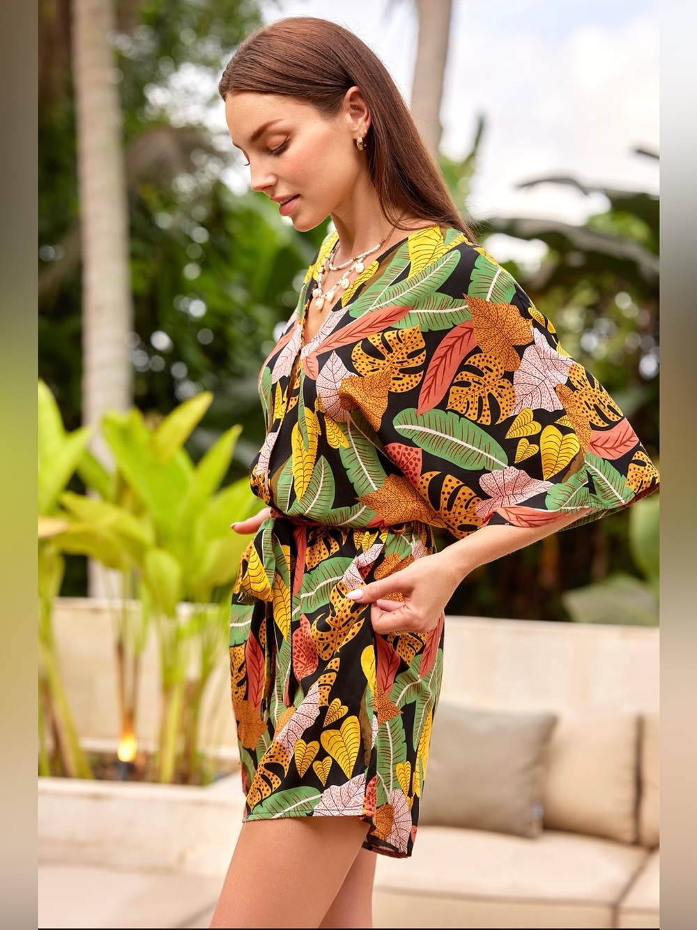 Cupshe Black Tropical Leaf Print V-Neck Tie-Waist Short Romper {1.5 Inch Inseam}